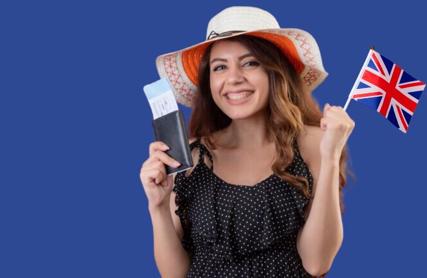 indian lady holding uk visa and uk flag